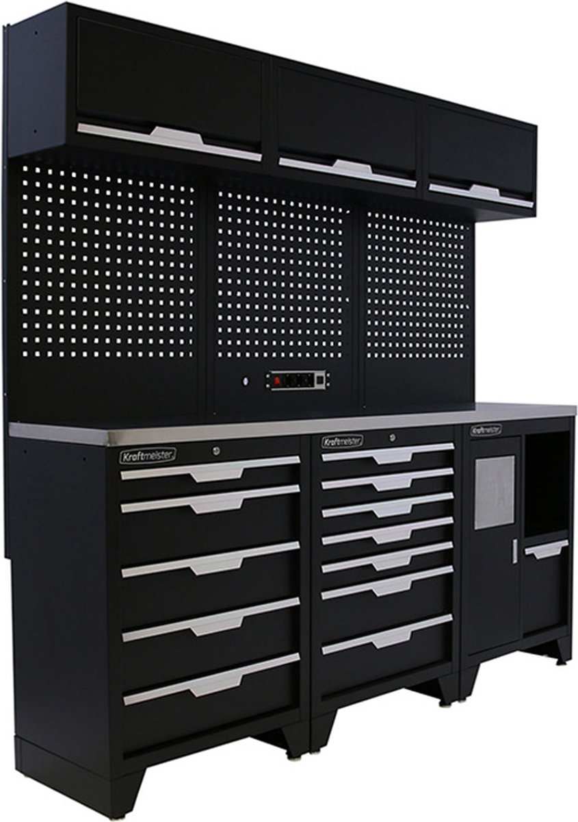 Kraftmeister werkplaatsinrichting - Werkbank met 3 wandkasten en RVS werkblad - Werktafel met 12 laden en gereedschapswand - Complete set voor werkplaats of garage - Zwart