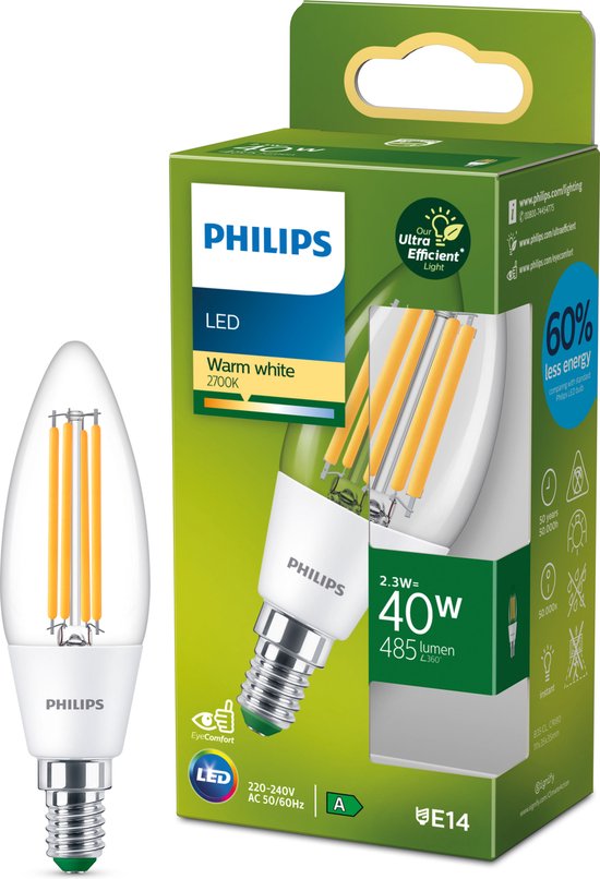 Philips Ampoule flamme et Lustre, 2,3 W, 40 W, E14, 485 lm, 50000 h, Blanc chaud