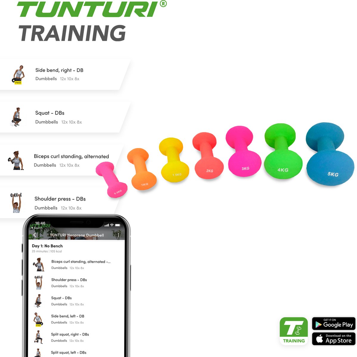 Tunturi Dumbbell set - 2 x 0,5 kg - Neopreen - Fluor Roze - Incl. gratis fitness app — afbeelding 3