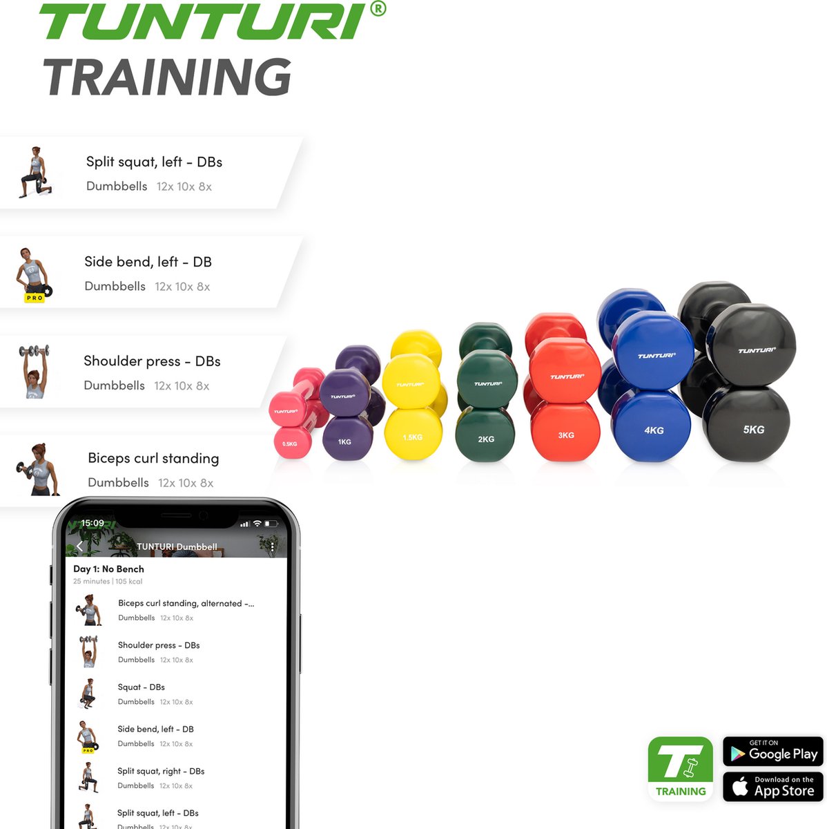 Tunturi Dumbbell set - 2 x 2,0 kg - Vinyl - Groen - incl. gratis fitness app – foto 3