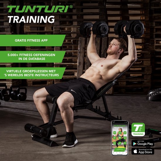 Man traint met Tunturi verstelbare halters op een fitnessbank. Toont gratis fitness app.