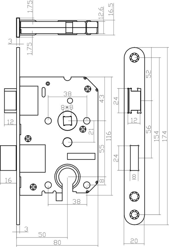 Technische tekening van een Intersteel slot met afmetingen.