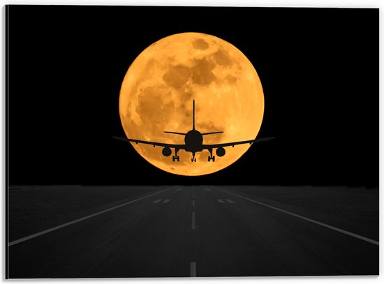 Dibond - Vliegtuig Vliegend naar Maan met Oranje Gloed - 40x30 cm Foto op Aluminium (Wanddecoratie van metaal)