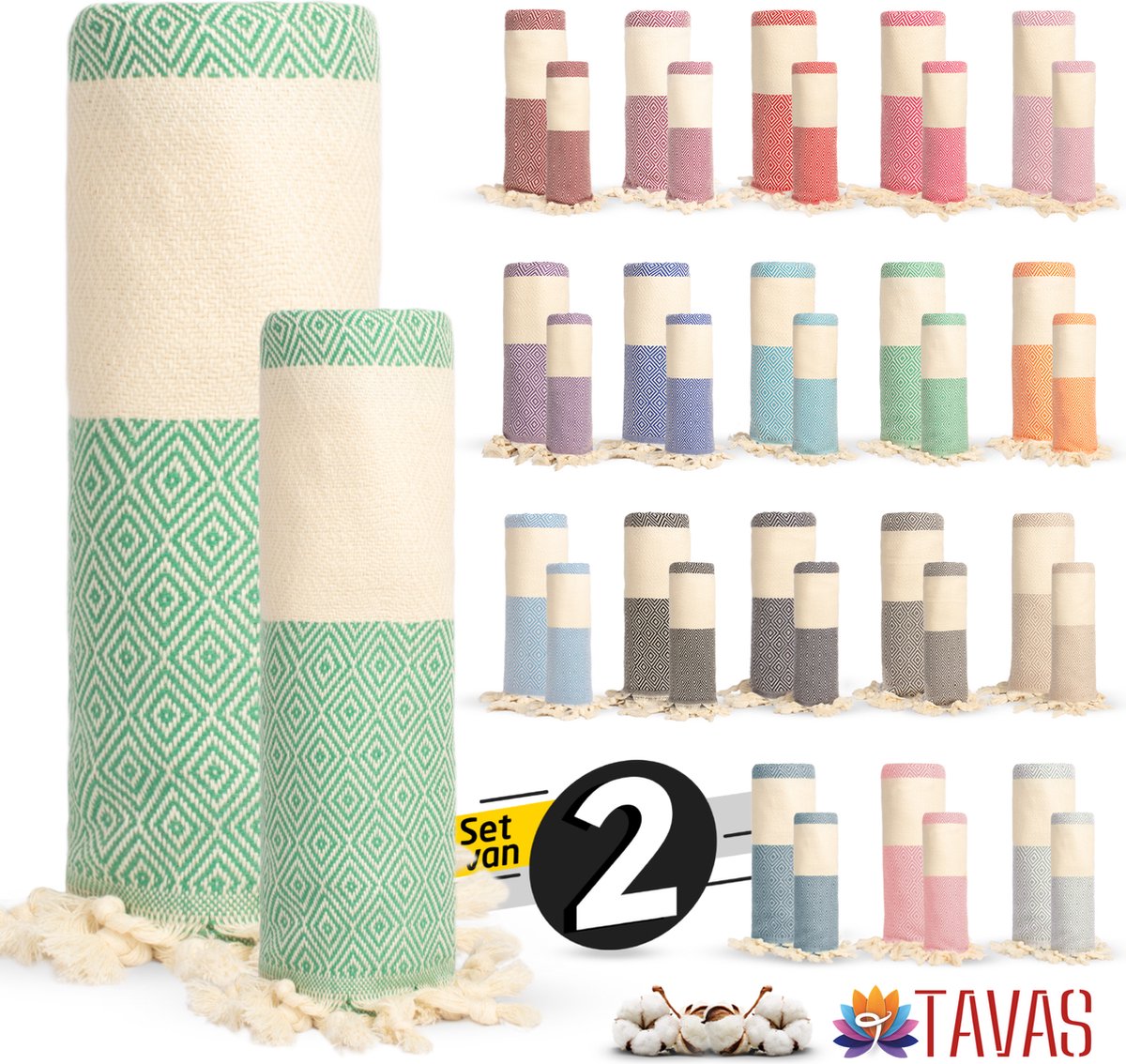 Rome Set van 2 | Hamamdoek 100x180 cm en Handdoek 50x90 cm 100% Katoen Spa Backpack Sauna Strandlaken Groen