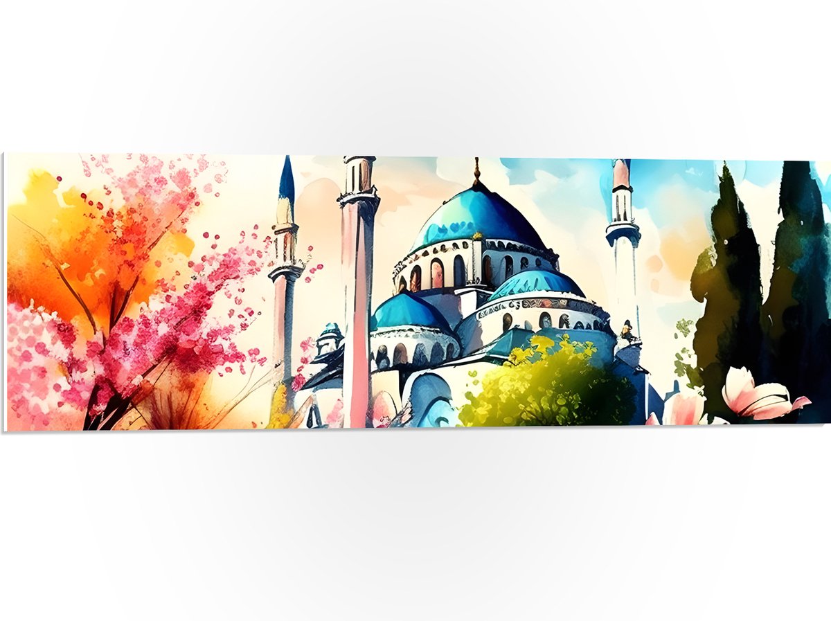 PVC Schuimplaat- Waterverf Tekening van Blauw met Witte Moskee - 90x30 cm Foto op PVC Schuimplaat