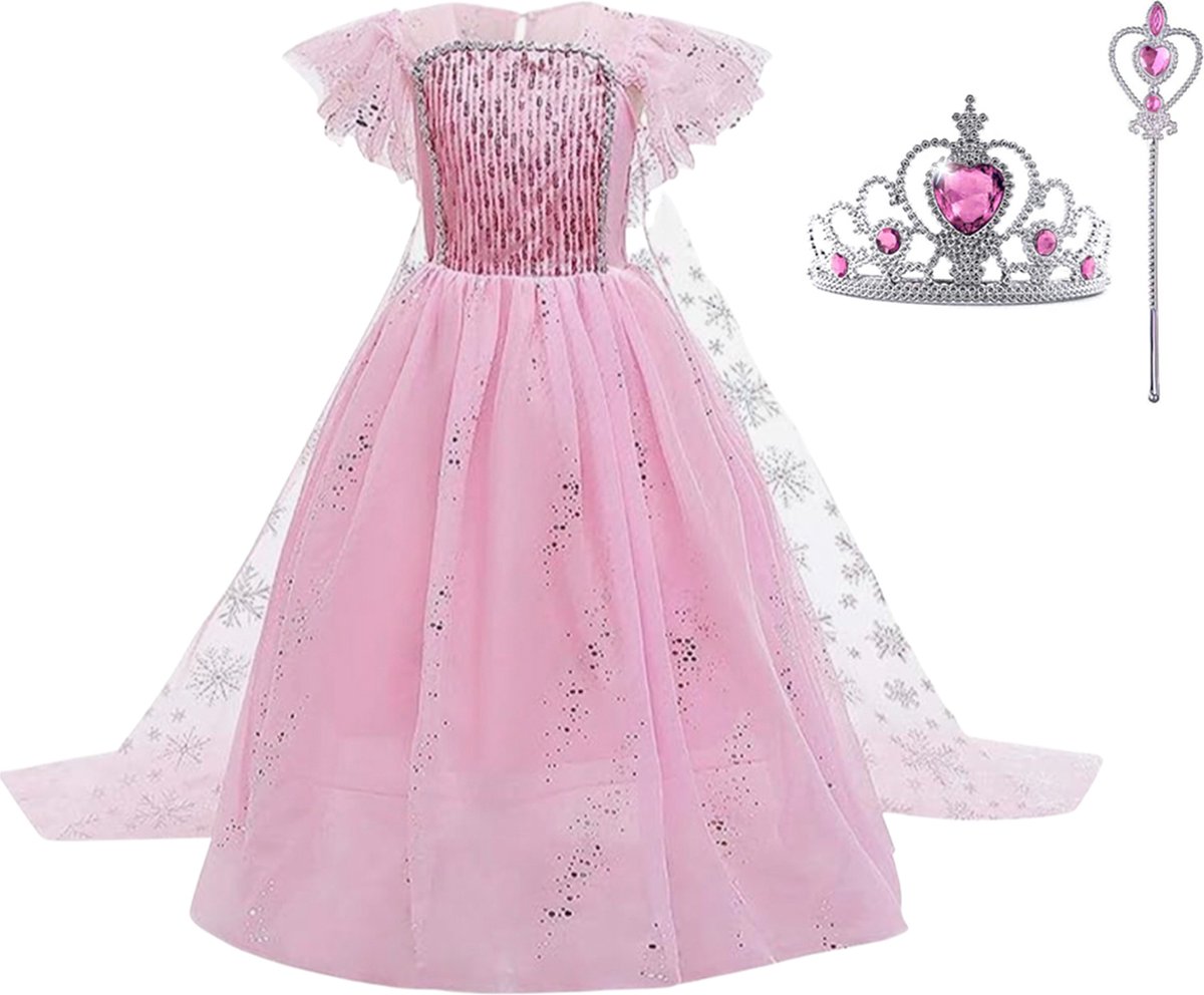 Frozen Prinsessenjurk - Elsa jurk - Prinsessenjurk meisje - maat 134/140 - toverstaf - kroon - prinses