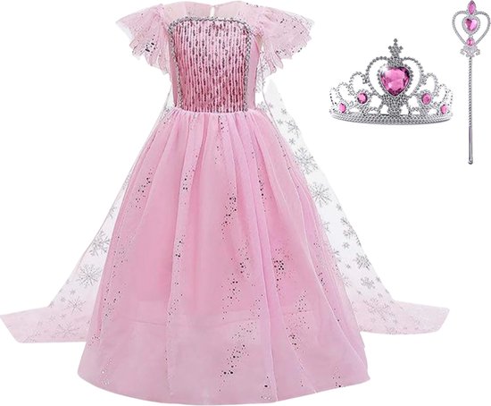 Elsa jurk - roze prinsessenjurk meisje -verkleedkleding - Het Betere Merk - Roze jurk - Carnavalskleding kinderen - Prinsessen verkleedkleding - 134/140 (140) - Kroon - Tiara - Toverstaf - Cadeau meisje