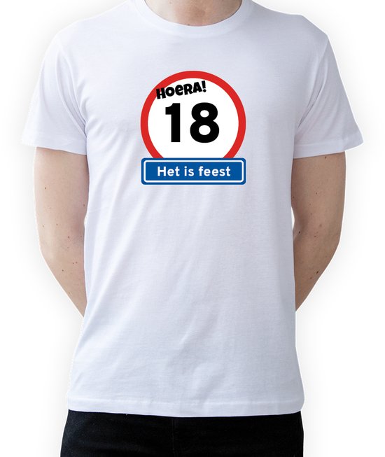 T-shirt Hoera 18 jaar|Fotofabriek T-shirt Hoera het is feest|Wit T-shirt maat L| T-shirt verjaardag (L)(Unisex)
