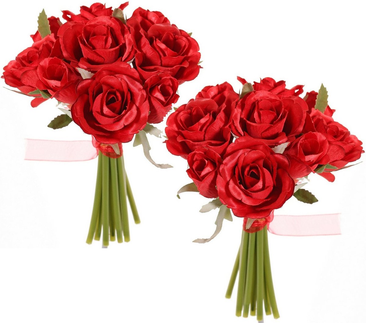 Topart Boeketje Rozen kunstbloemen - 18x stuks - rood - 20 cm - roos - decoratie