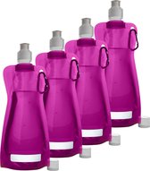 Waterfles/drinkfles/sportbidon opvouwbaar - 4x - fuchsia roze - kunststof - 420 ml - schroefdop - karabijnhaak