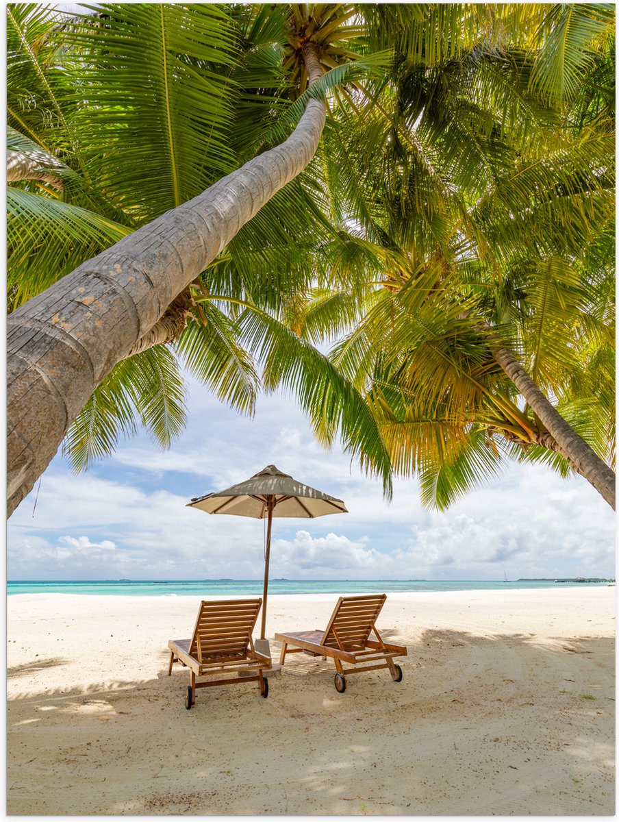 Poster Glanzend – Schuingroeiende Palmboom boven Ligbedden en Parasol op het Strand - 30x4