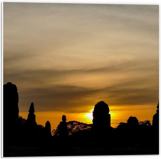 PVC Schuimplaat - Silhouet van Boeddhistiche Tempels tijdens Zonsondergang - 50x50 cm Foto op PVC Schuimplaat (Met Ophangsysteem)
