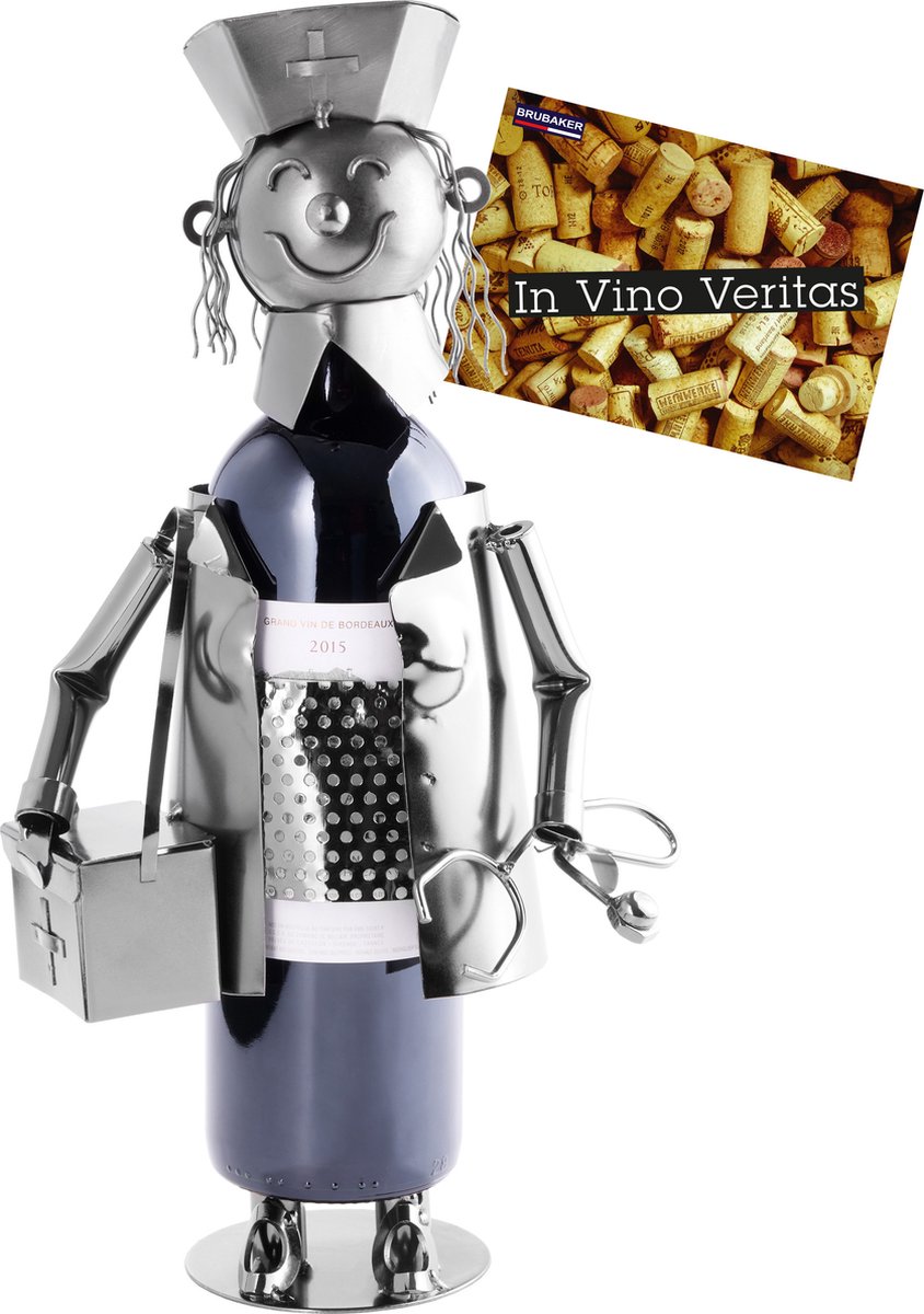 BRUBAKER Wijnfles Houder Verpleegster - metalen sculptuur fleshouder - 23 cm - wijn geschenk ook voor de gezondheid verpleegkundige - met wenskaart - Wijnrek