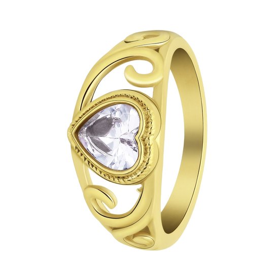 Lucardi Dames vintage ring met hart wit – Maat 50 – 16mm - Ring - Cadeau - Staal goldplated - Goudkleurig