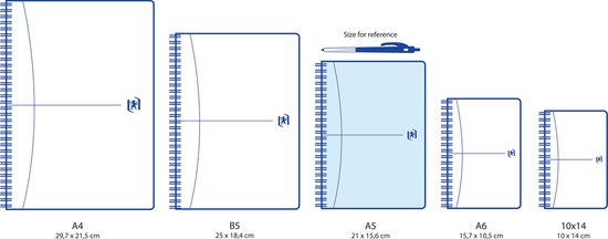 Illustratie van vijf maten Oxford notitieboekjes: A4, B5, A5, A6 en 10x14.