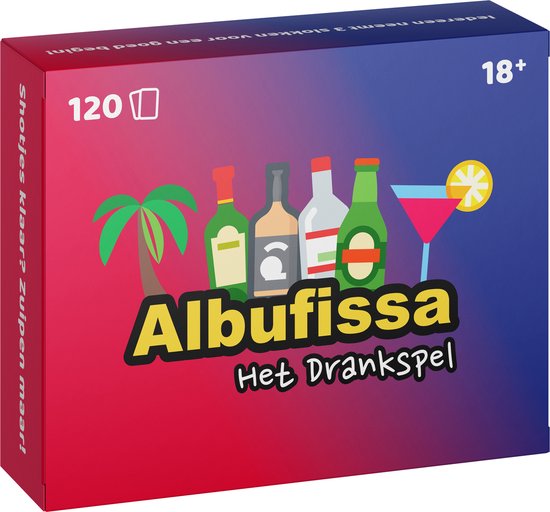 Doos van het drankspel Albufissa met logo, flessen, cocktail en palmboom.