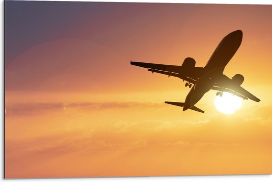 Dibond - Silhouet van Passagiersvliegtuig Vliegend langs de Zon - 75x50 cm Foto op Aluminium (Met Ophangsysteem)