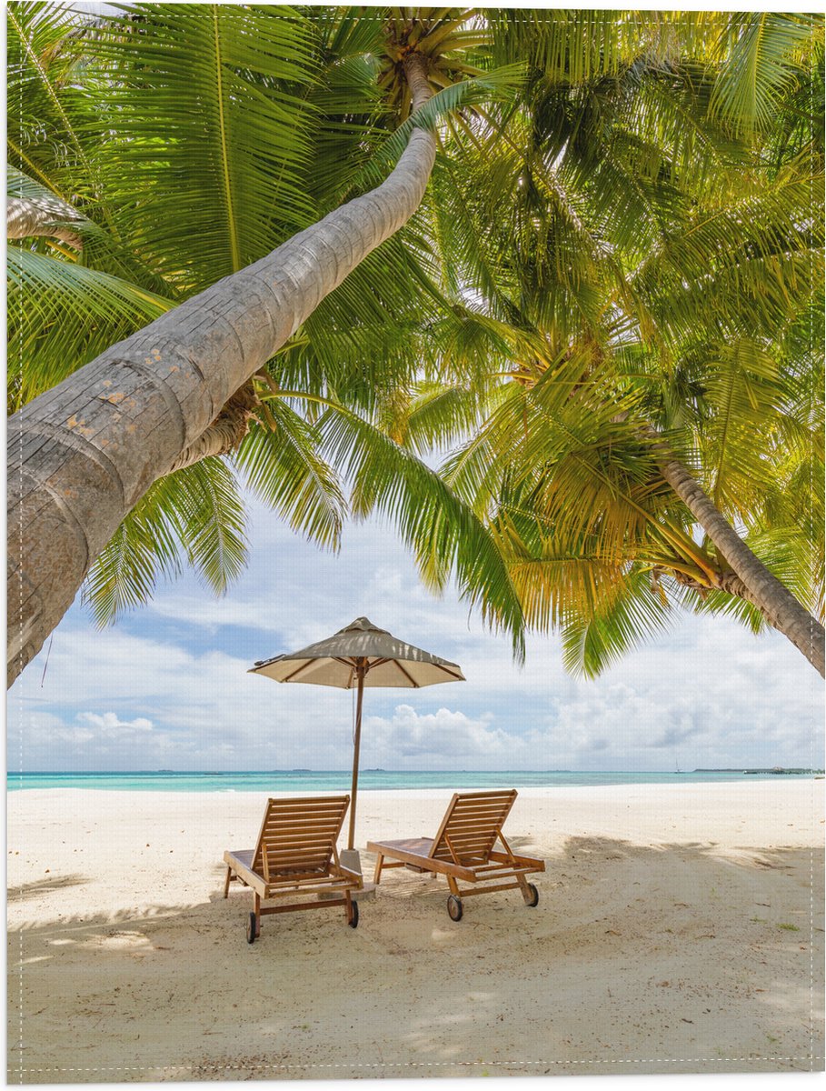 Vlag - Schuingroeiende Palmboom boven Ligbedden en Parasol op het Strand - 30x40 cm Foto o