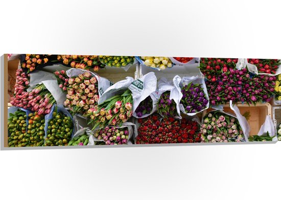 Hout - Markt - Bloemen - Tulpen - Rozen - Hout - Kleuren - 150x50 cm - 9 mm dik - Foto op Hout (Met Ophangsysteem)