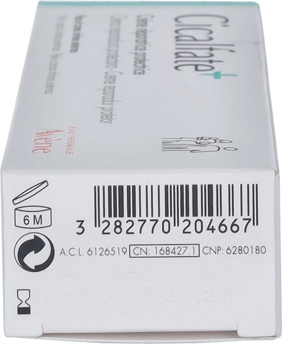 Zijkant van een kartonnen doosje met "Avène Cicalfate+" en streepjescode.
