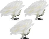 4x Kerstboomversiering bloemen op clip witte besneeuwde roos 15 cm - witte kerstversieringen