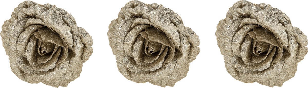 Cosy & Trendy Roos champagne glitter - 6x stuks - clip - kunststof - 18 cm - kerstversieringen