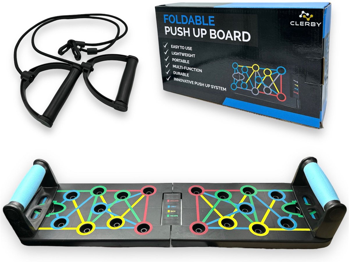 Push Up Bord - Push Up Board - Push Up Grips - Push Up Bars - Home Workout - Home Gym - Opdruk Bord - Fitness - Krachttraining - Inclusief Weerstandsbanden - Clerby