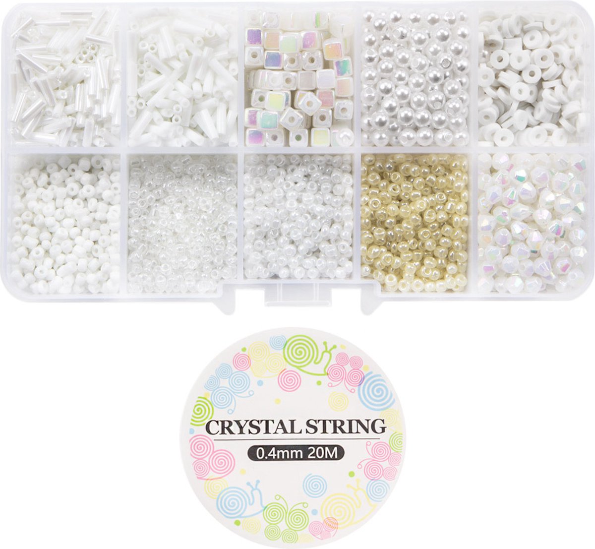 Kralendoos - Glas, Polymeer & Acryl Kralen (diverse maten) Mix Color White