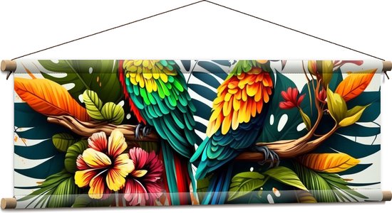 Textielposter - Kleurrijk Tafereel van Papegaaien omringd door Bloemen en Planten - 90x30 cm Foto op Textiel