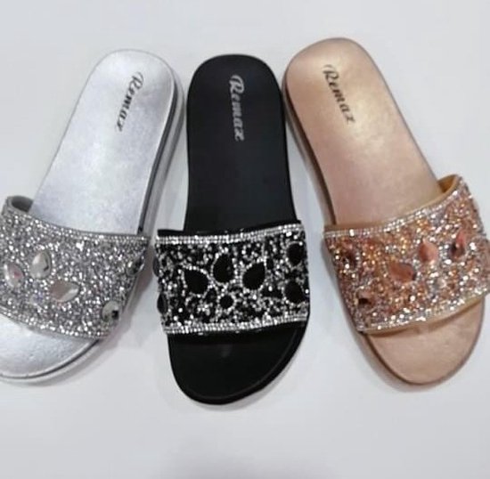 Mooie slipper met bling - diamant - zwart - maat 40