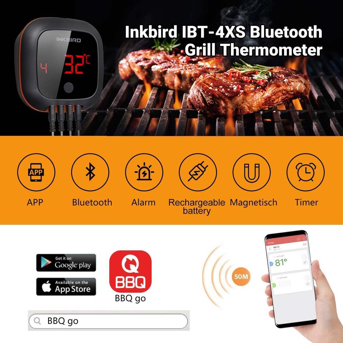 Thermometre Barbecue Bluetooth Inkbird IBT-4XC étanche avec 4 Sondes