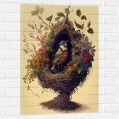 Muursticker - Koolmees Vogel in het Nest Versierd met Bloemen - 60x90 cm Foto op Muursticker