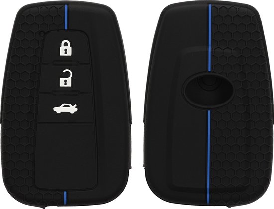 Zwart siliconen hoesje voor autosleutel met 3 knoppen en een honingraatpatroon, met blauwe verticale streep.
