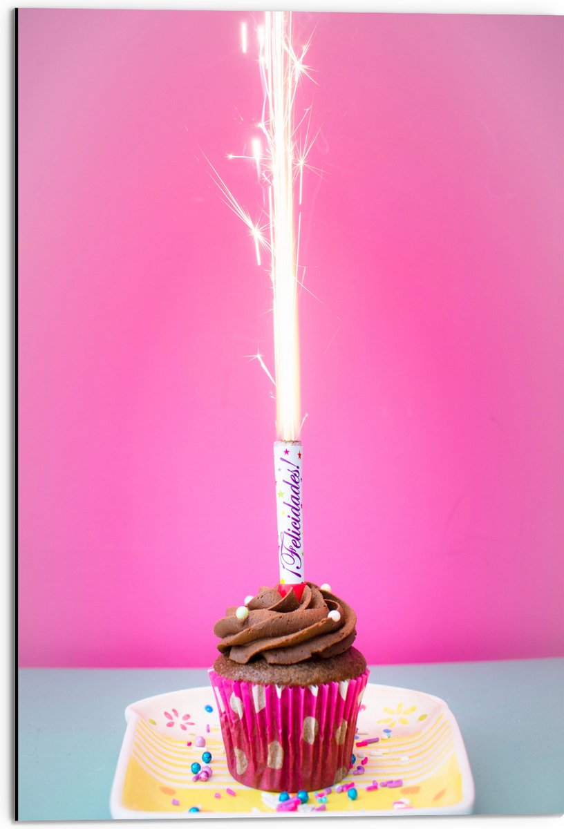 Dibond - Verjaardagscupcake met Chocolade Topping en Fontein - 50x75 cm Foto op Aluminium