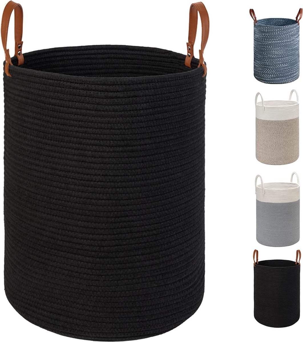 Grote wasmand van katoenen touw - 40 cm (D) x 50 cm (H) - inklapbare geweven mand met lederen handgrepen voor het opbergen van kleding, luiers, speelgoed (zwart)