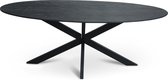 Floor tafel met ovale Mango houten blad van 300 x 110 cm met facetrand aan onderzijde. Bladkleur zwart gezandstraald afgewerkt. Onderstel is een spinpoot in de kleur zwart.