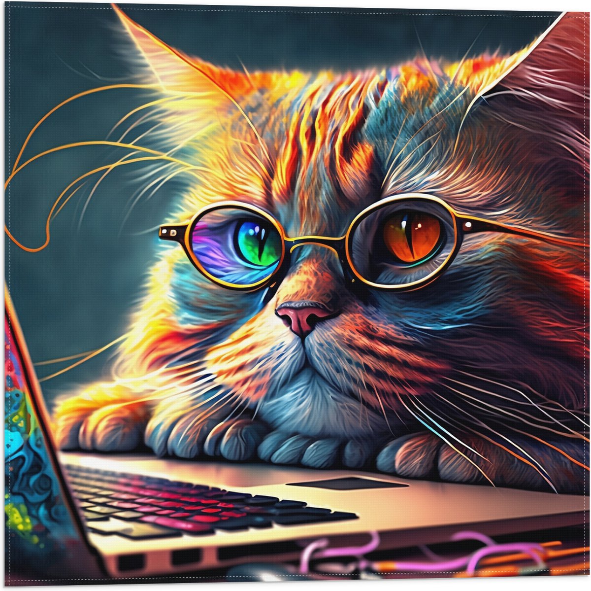 Vlag - Kleurrijke Snuggere Kat met Bril achter Laptop - 50x50 cm Foto op Polyester Vlag