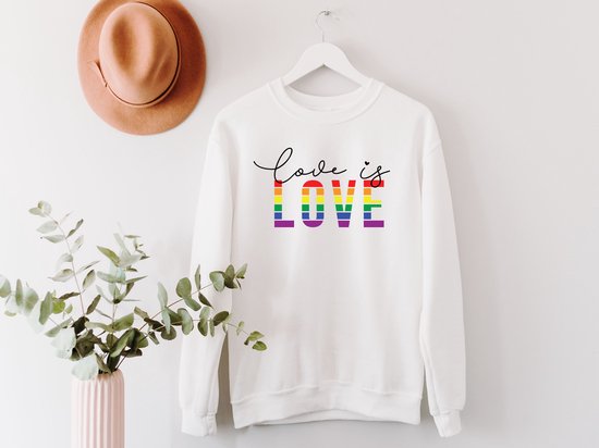 Lykke LGBTQ Unisex Love is Love Sweatshirt| Lgbt Pride Rainbow | Handgemaakt | Katoen | Wit | Maat M