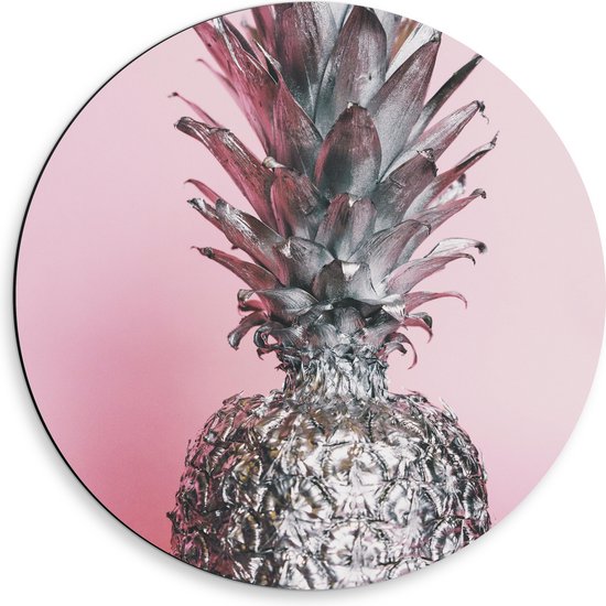 Dibond Muurcirkel - Zilveren Ananas met Roze Achtergrond - 50x50 cm Foto op Aluminium Muurcirkel (met ophangsysteem)