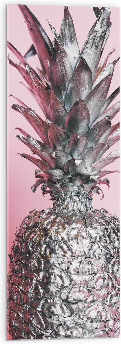 Acrylglas - Zilveren Ananas met Roze Achtergrond - 30x90 cm Foto op Acrylglas (Wanddecoratie op Acrylaat)