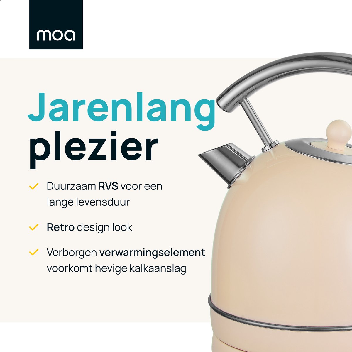 MOA Waterkoker Retro - 1,8 Liter - Elektrische Waterkoker - BPA-vrij - Anti Calcium Filter - RVS - 2200W - Crème – foto 4