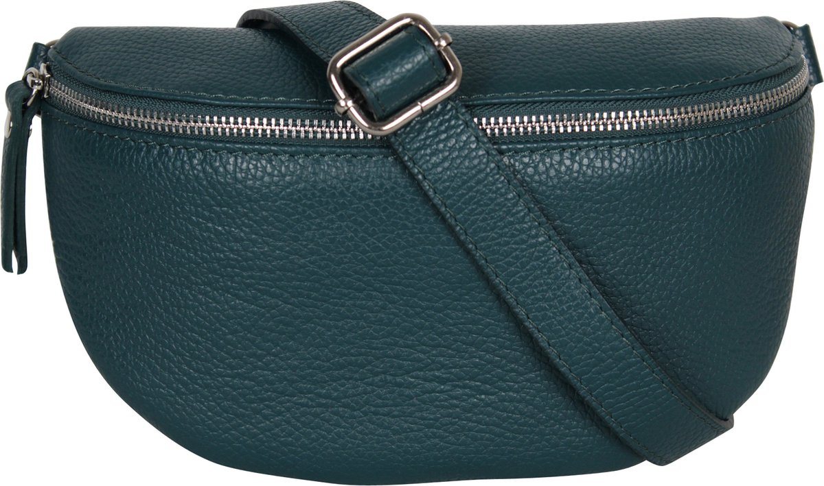 AmbraModa GLX1 - kleine heuptas buiktas crossbodytas, ideaal voor vakantie, reizen, uitgaan gemaakt van echt leer. Petrol