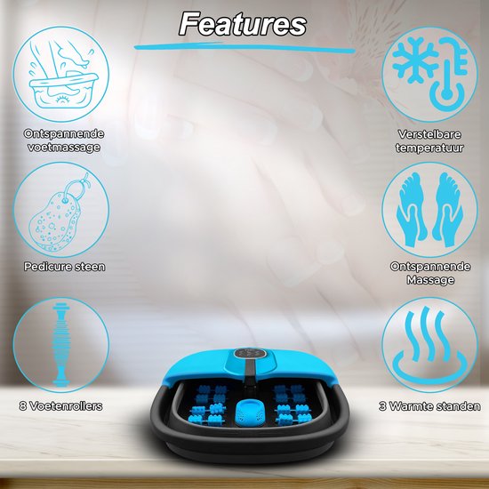 Sanbo Voetenbad - Elektrisch Voetbad Met Bubbelfunctie - Verwarmt tot 49°C - Opvouwbaar - Voetmassage Apparaat - Zwart / Blauw