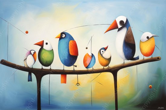 JJ-Art (Aluminium) 90x60 | Vogels op een tak, abstract Picasso Joan Miro stijl, modern surrealisme, kleurrijk, kunst | dier, blauw, oranje, geel, bruin, rood | foto-schilderij op dibond, metaal wanddecoratie