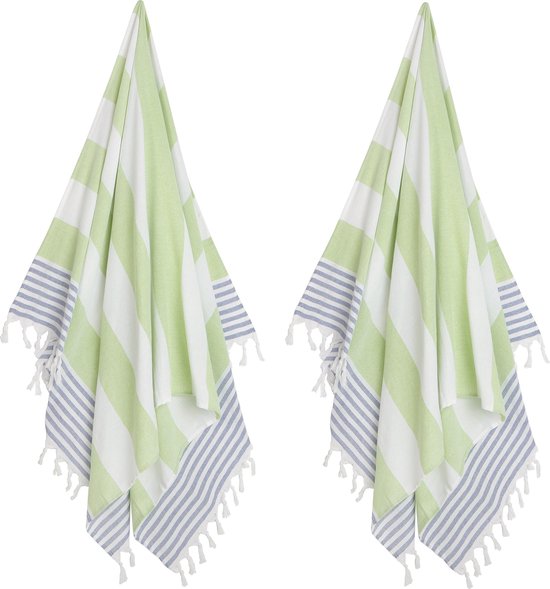 2 x Serviette Hamam XL - Vert (bleu) - Drap de plage - Buzz - Katoen - Sauna - Wellness - Piscine - Châle - Drap de bain - Drap de bain - Yoga - Rayure - 100 x 180 cm