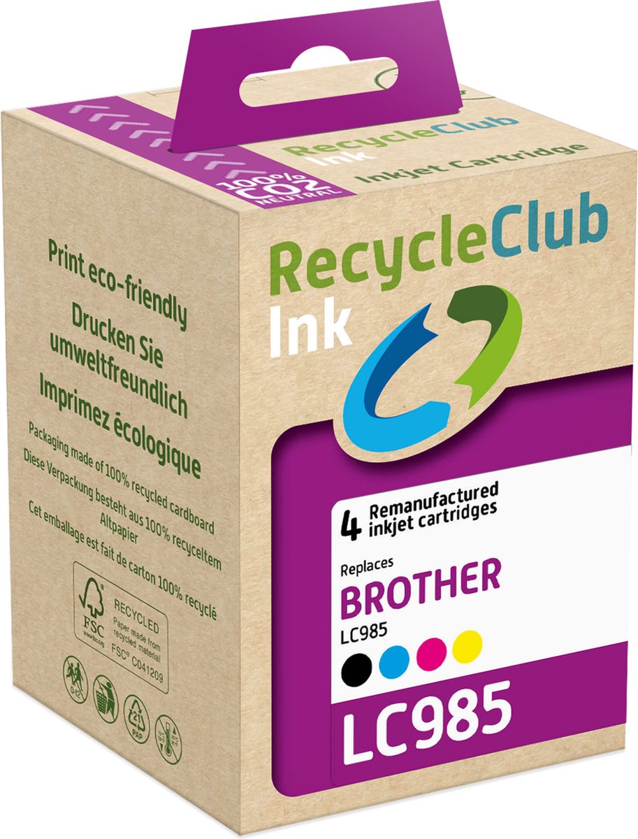 RecycleClub inktcartridge - Inktpatroon - Geschikt voor Brother - Alternatief voor Brother LC-985 Zwart 15ml Cyan Blauw 9ml Magenta Rood 9ml Yellow Geel 9ml - Multipack - 4-pack