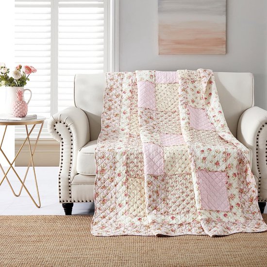 Sprei, patchwork, voor eenpersoonsbed, 150 x 200 cm, katoen, patchwork-deken, roze, voor meisjes, gewatteerde banksprei, bedsprei, 140 x 200 cm, met bloemenpatroon