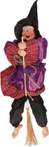 Halloween horror decoratie heksen pop op bezem - 44 cm - paars/rood - Versiering/feestartikelen