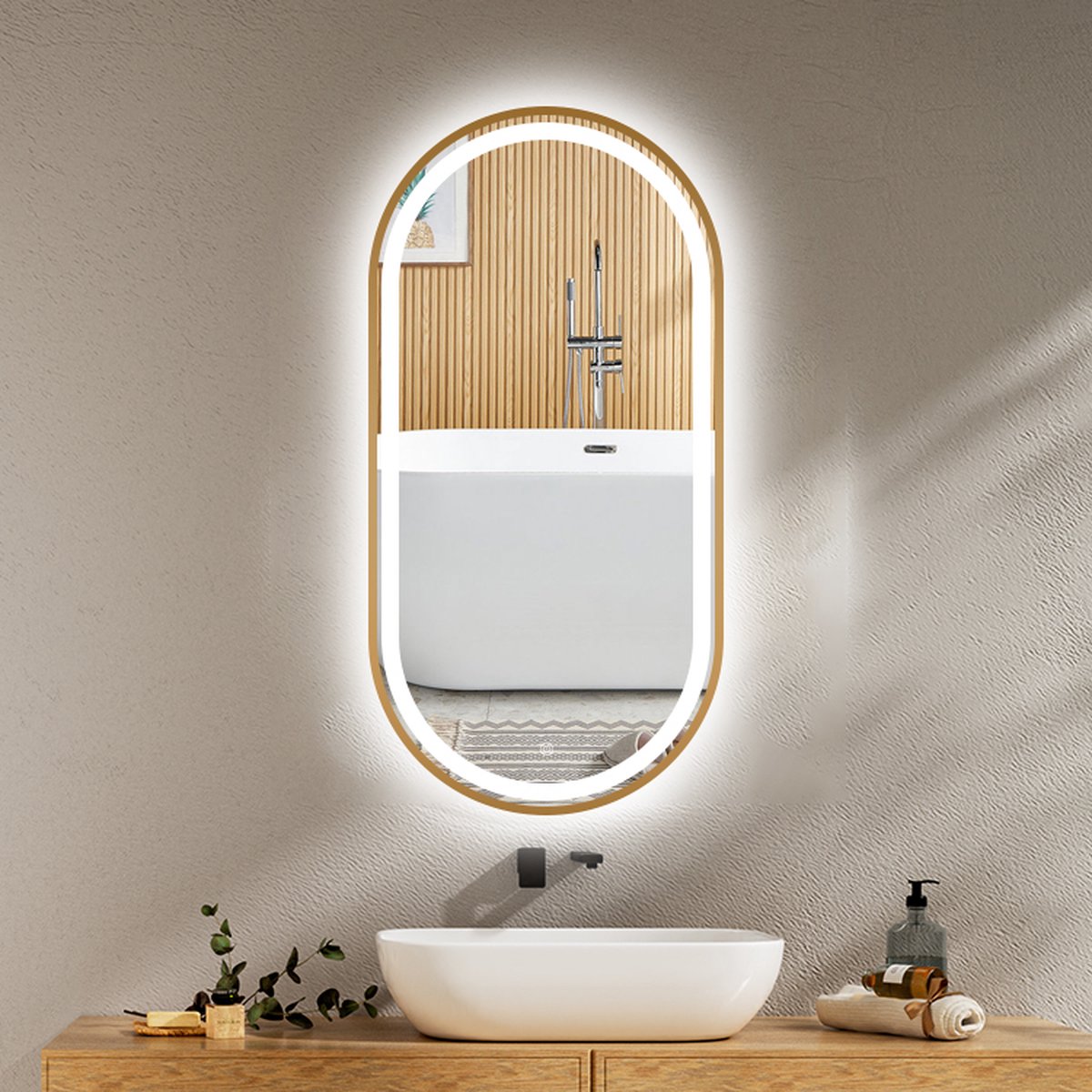FENOMÉ Tokio Badkamerspiegel 80cm x 130cm Goud spiegel met LED verlichting incl. spiegelverwarming – Dimbaar - ovaal