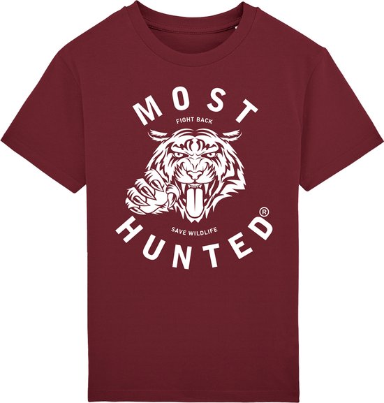Most Hunted - kinder t-shirt - tijger - bordeaux - wit - maat 122-128